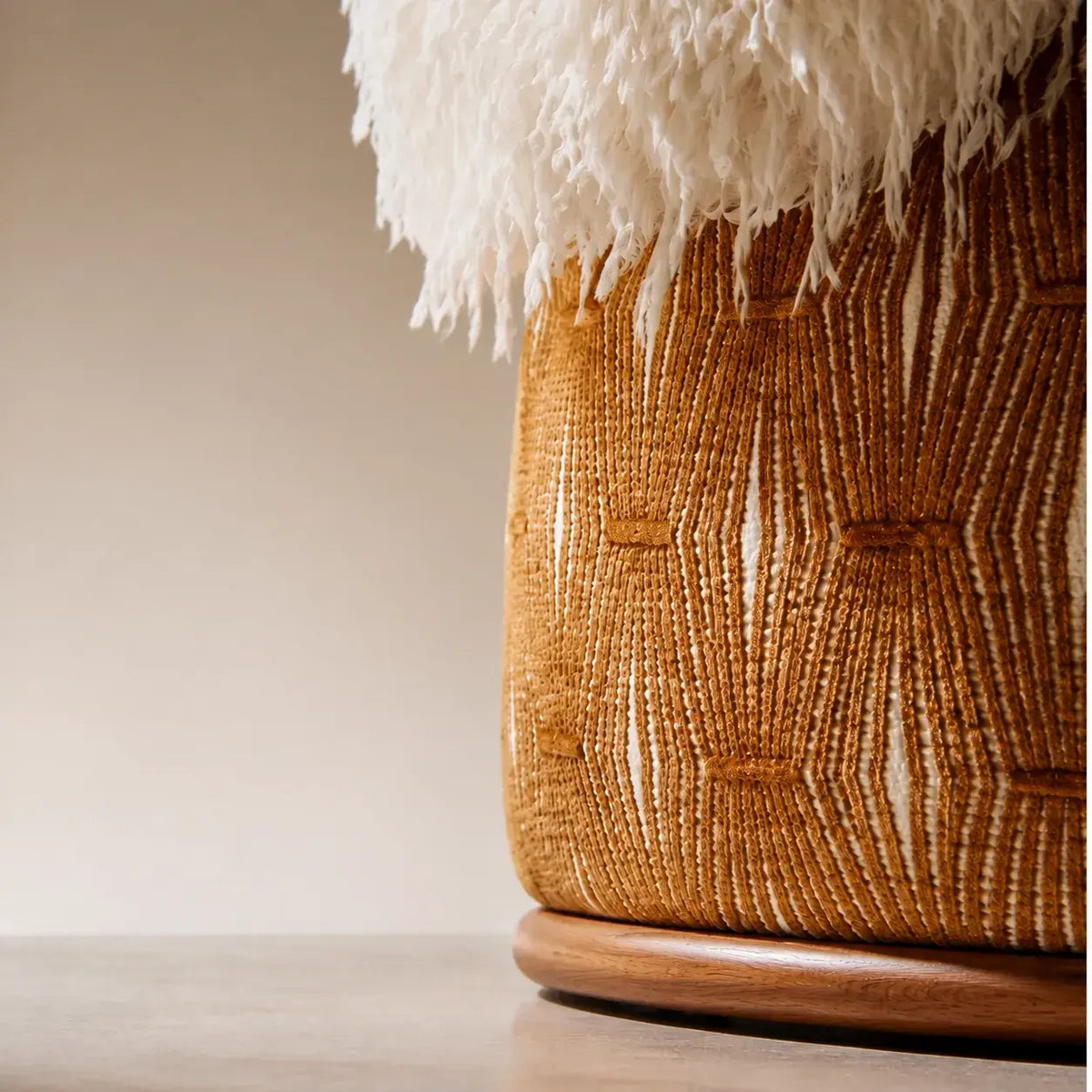 Sculptural Two-Tone Lounge Chair with Faux Wool and Woven Base