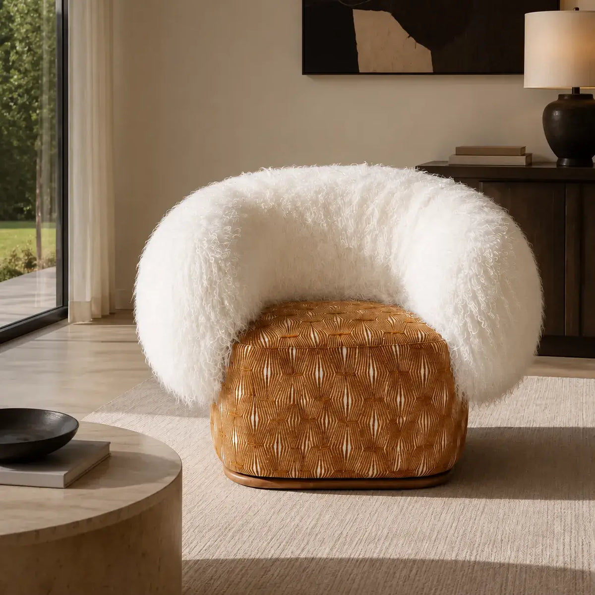 Sculptural Two-Tone Lounge Chair with Faux Wool and Woven Base