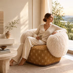 Sculptural Two-Tone Lounge Chair with Faux Wool and Woven Base