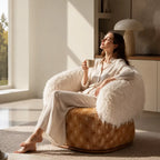 Sculptural Two-Tone Lounge Chair with Faux Wool and Woven Base