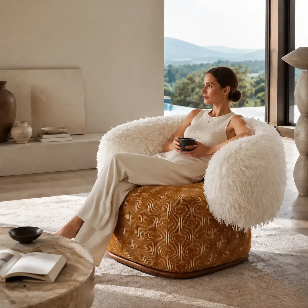 Sculptural Two-Tone Lounge Chair with Faux Wool and Woven Base