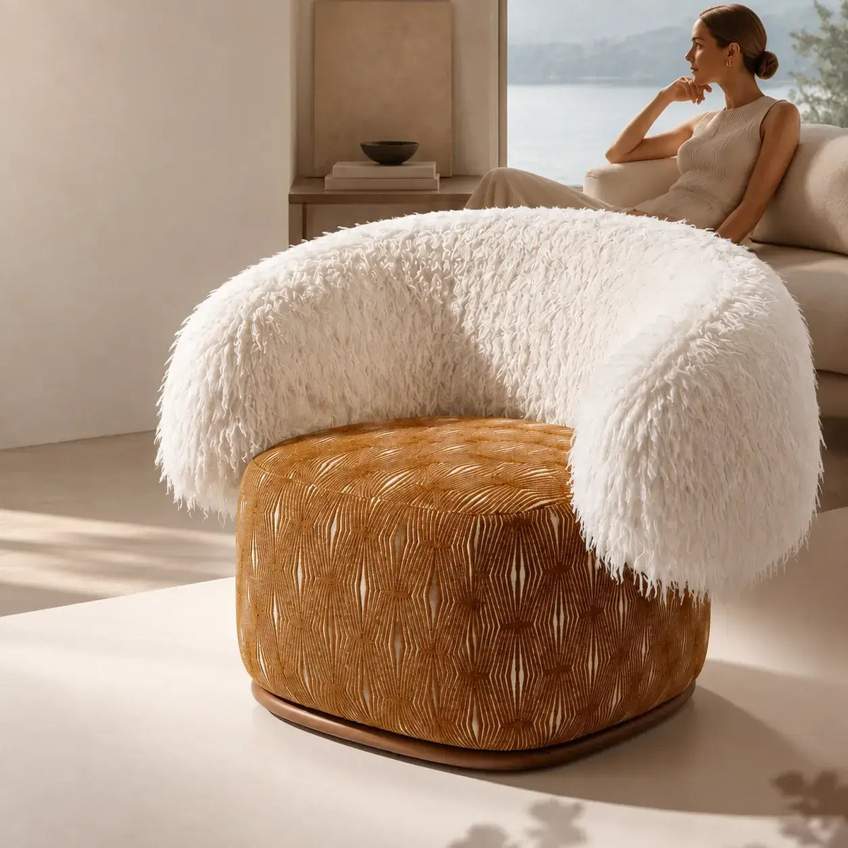Sculptural Two-Tone Lounge Chair with Faux Wool and Woven Base Main Product Image