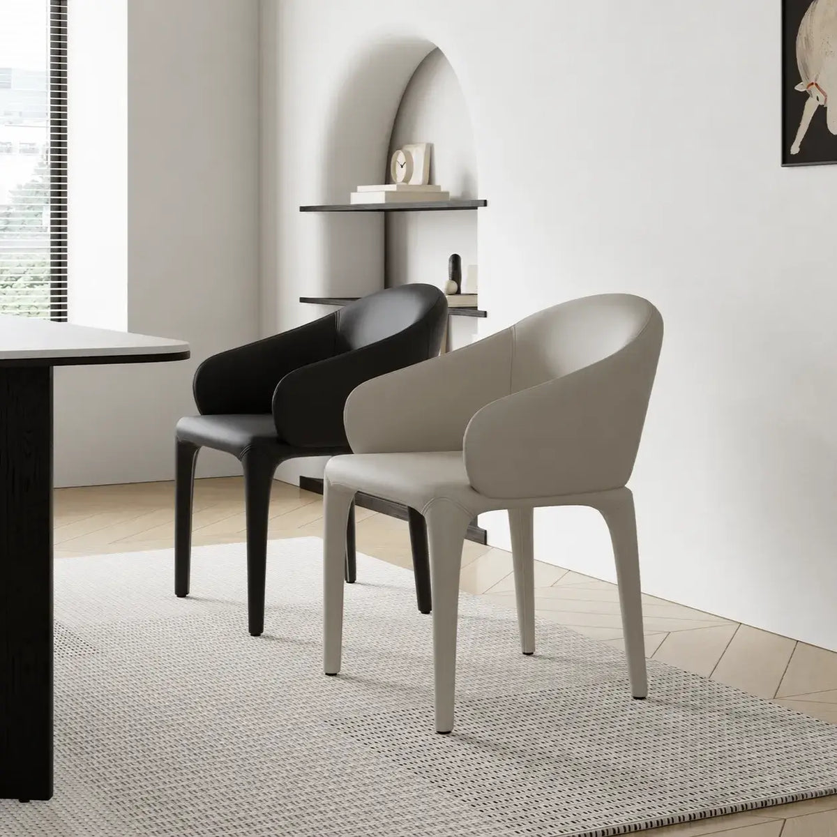 Sculptural Upholstered Dining Chair Series with Curved Arms and Slender Legs