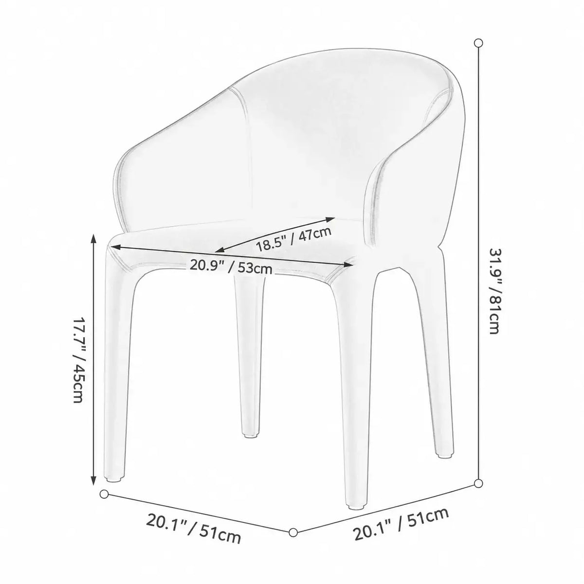 Sculptural Upholstered Dining Chair Series with Curved Arms and Slender Legs Dimensions