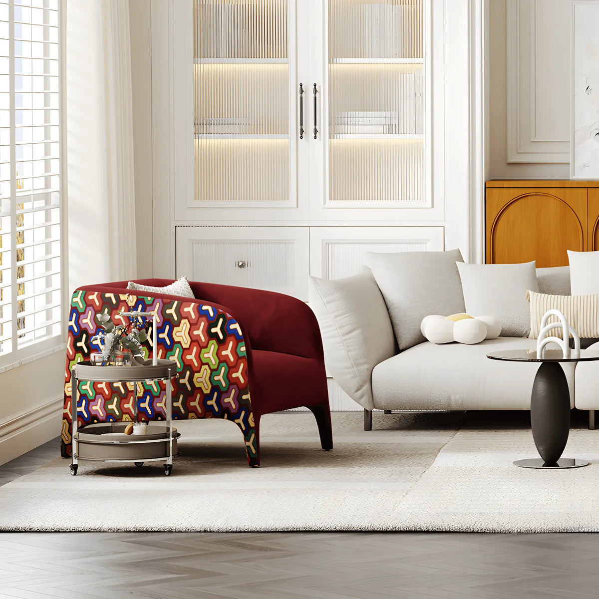 Sculptural Velvet Accent Chair with Geometric Back, Retro Living Room
