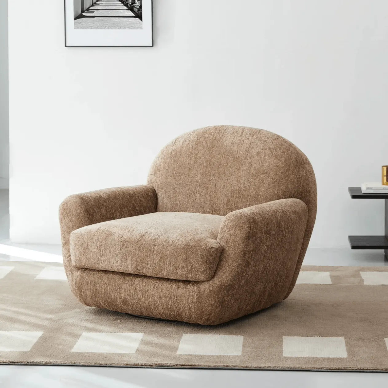 Sculptural Velvet Accent Chair With Swivel Base and Embrace Comfort