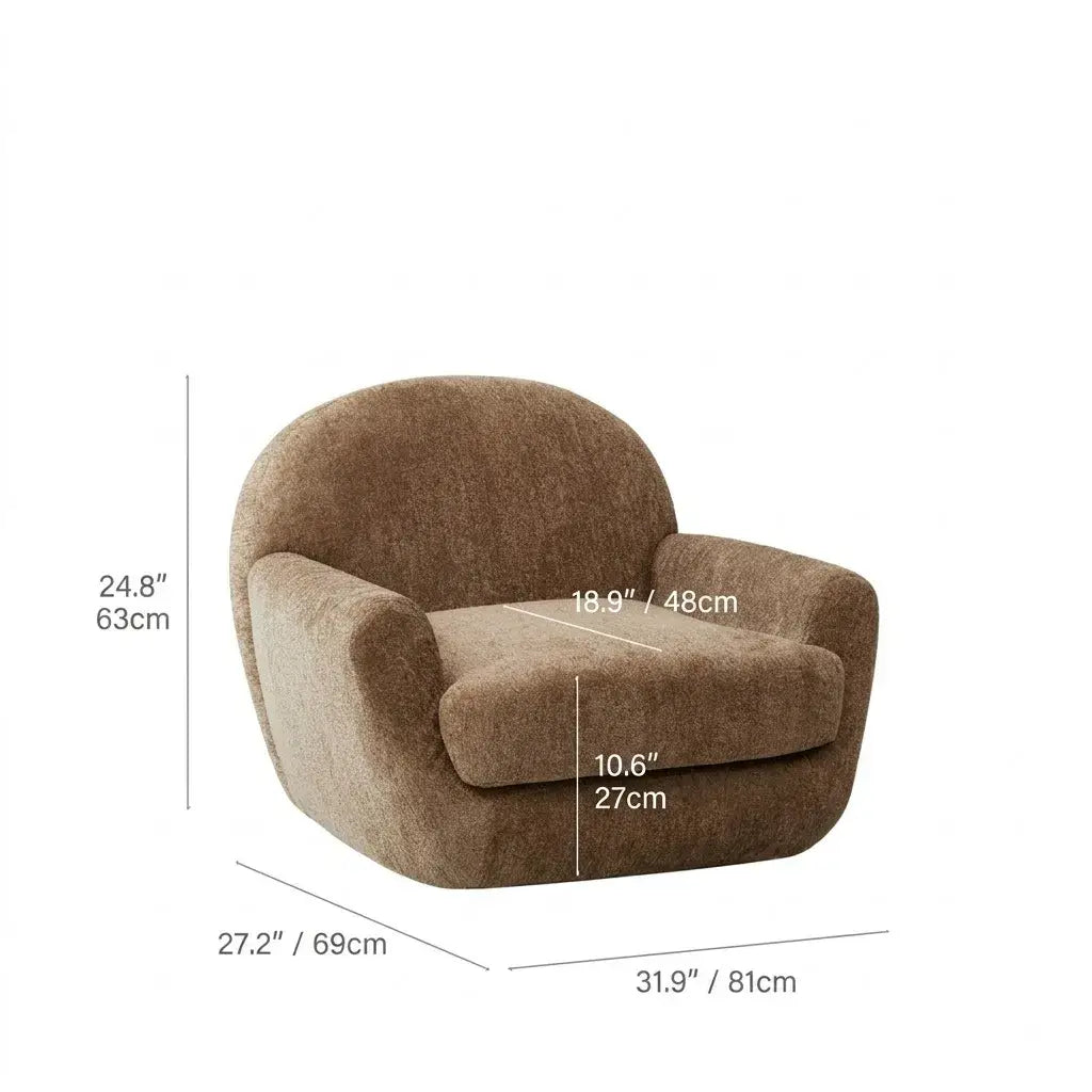 Sculptural Velvet Accent Chair With Swivel Base and Embrace Comfort Dimensions