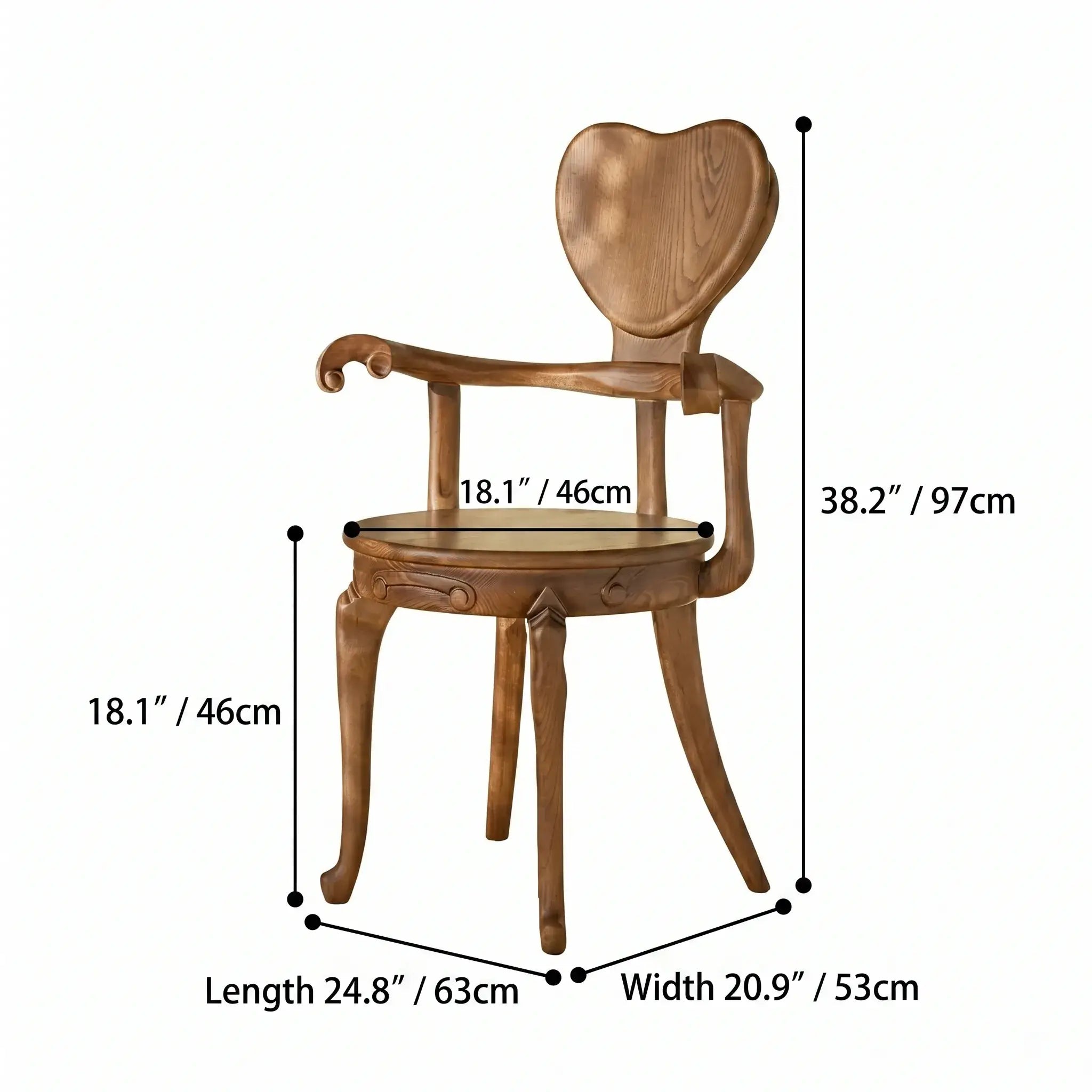 Sculptural Vintage Dining Chair with Heart Back and Hand-Carved Arms Dimensions