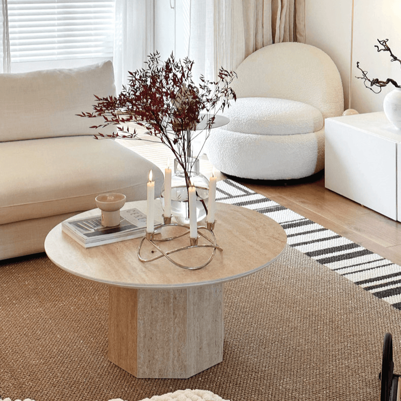 Sculptural Wabi-Sabi Coffee Table Featuring High-Density Travertine and Warm Wood Frame