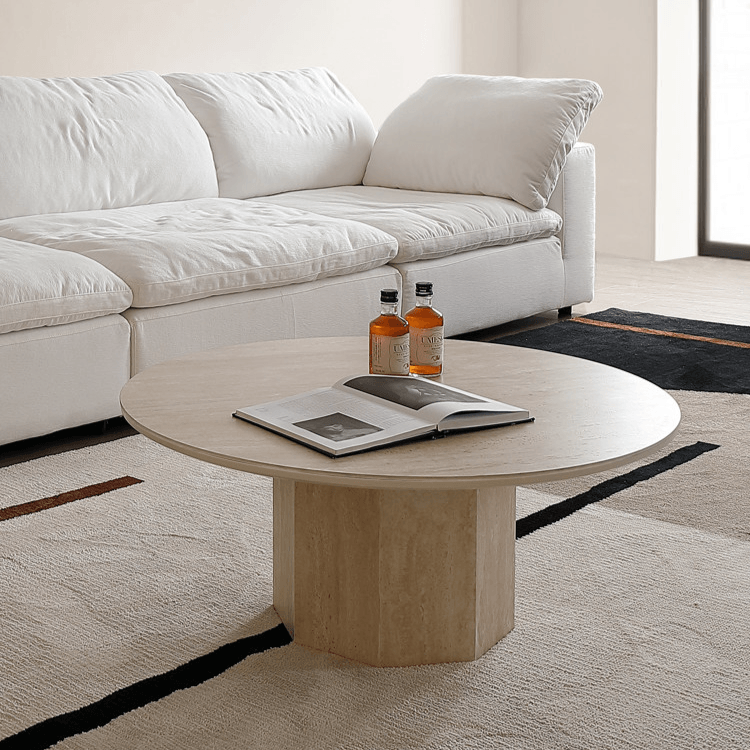 Sculptural Wabi-Sabi Coffee Table Featuring High-Density Travertine and Warm Wood Frame