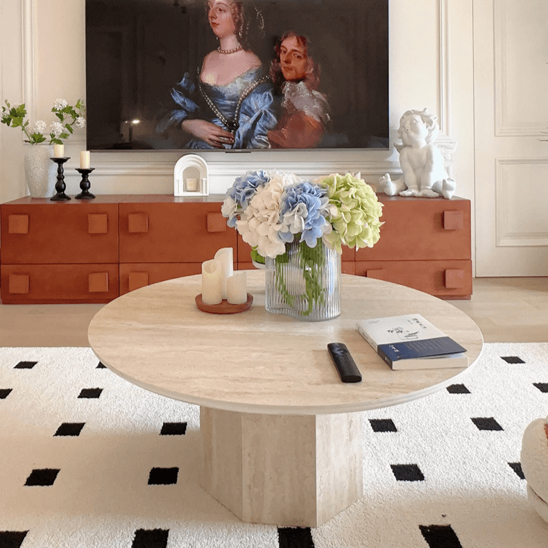 Sculptural Wabi-Sabi Coffee Table Featuring High-Density Travertine and Warm Wood Frame