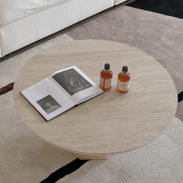 Sculptural Wabi-Sabi Coffee Table Featuring High-Density Travertine and Warm Wood Frame