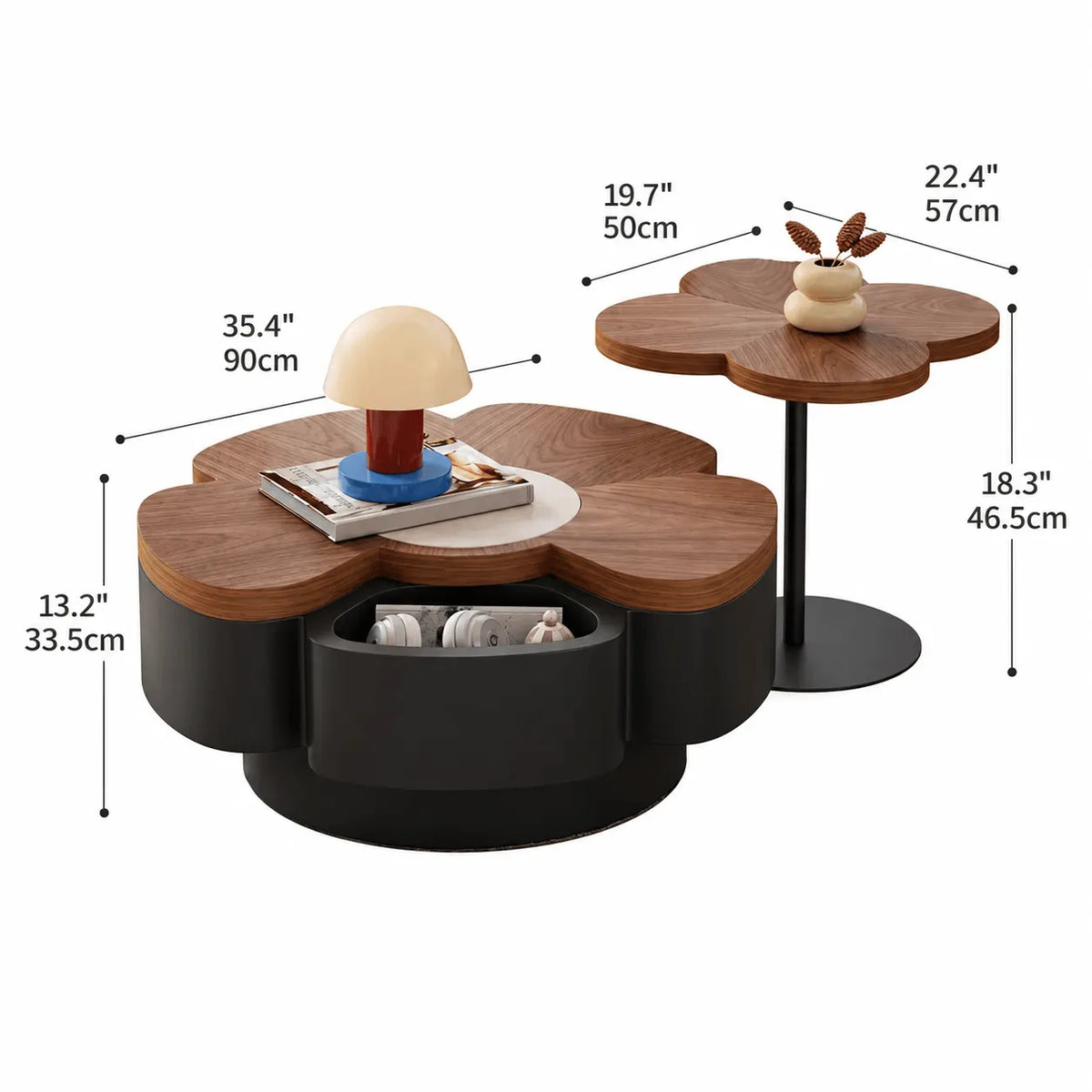 Sculptural Walnut and Stone Coffee Table Set With Petal Curves Dimensions