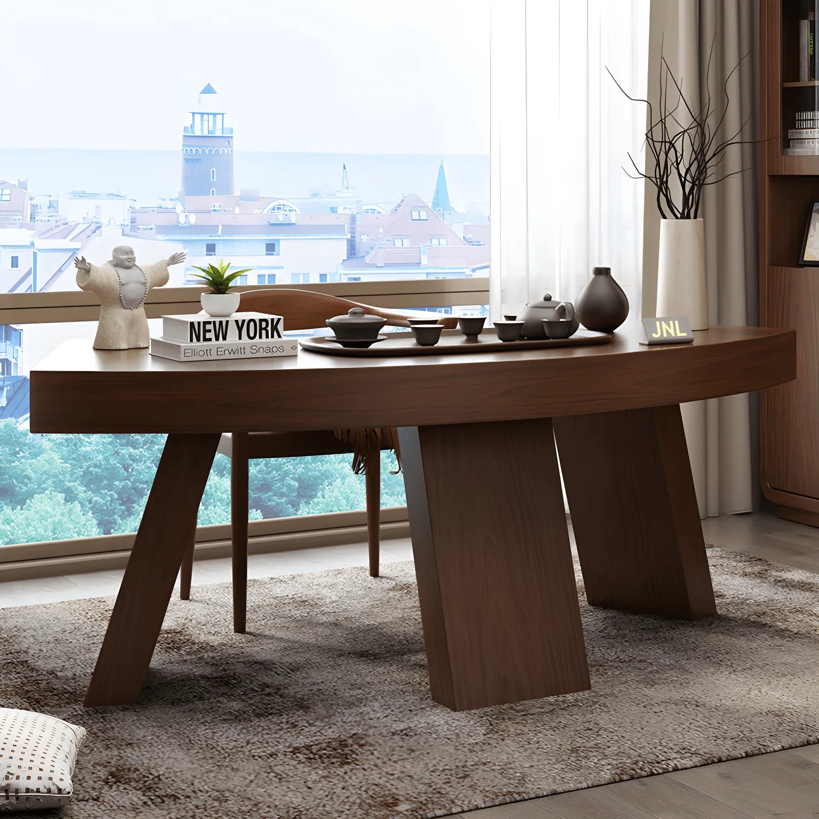 Sculptural Walnut Crescent Office Table with Broad Fan Top