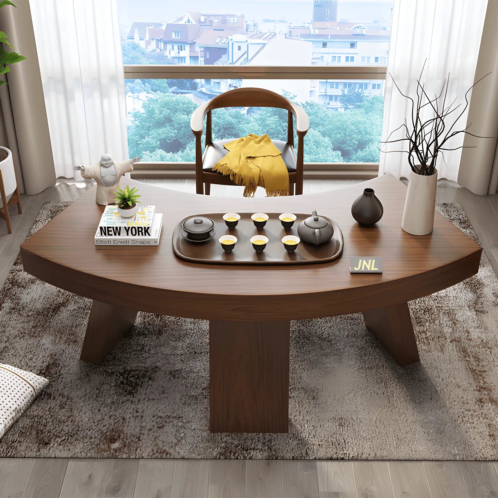 Bureau en croissant en noyer sculptural avec large plateau en éventail Image secondaire du produit