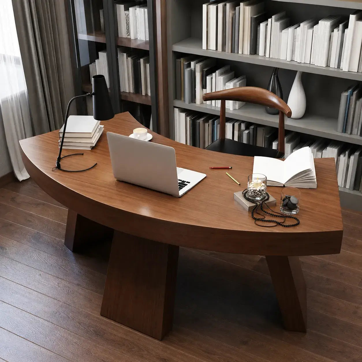 Sculptural Walnut Crescent Office Table with Broad Fan Top Main Product Image Image principale du produit