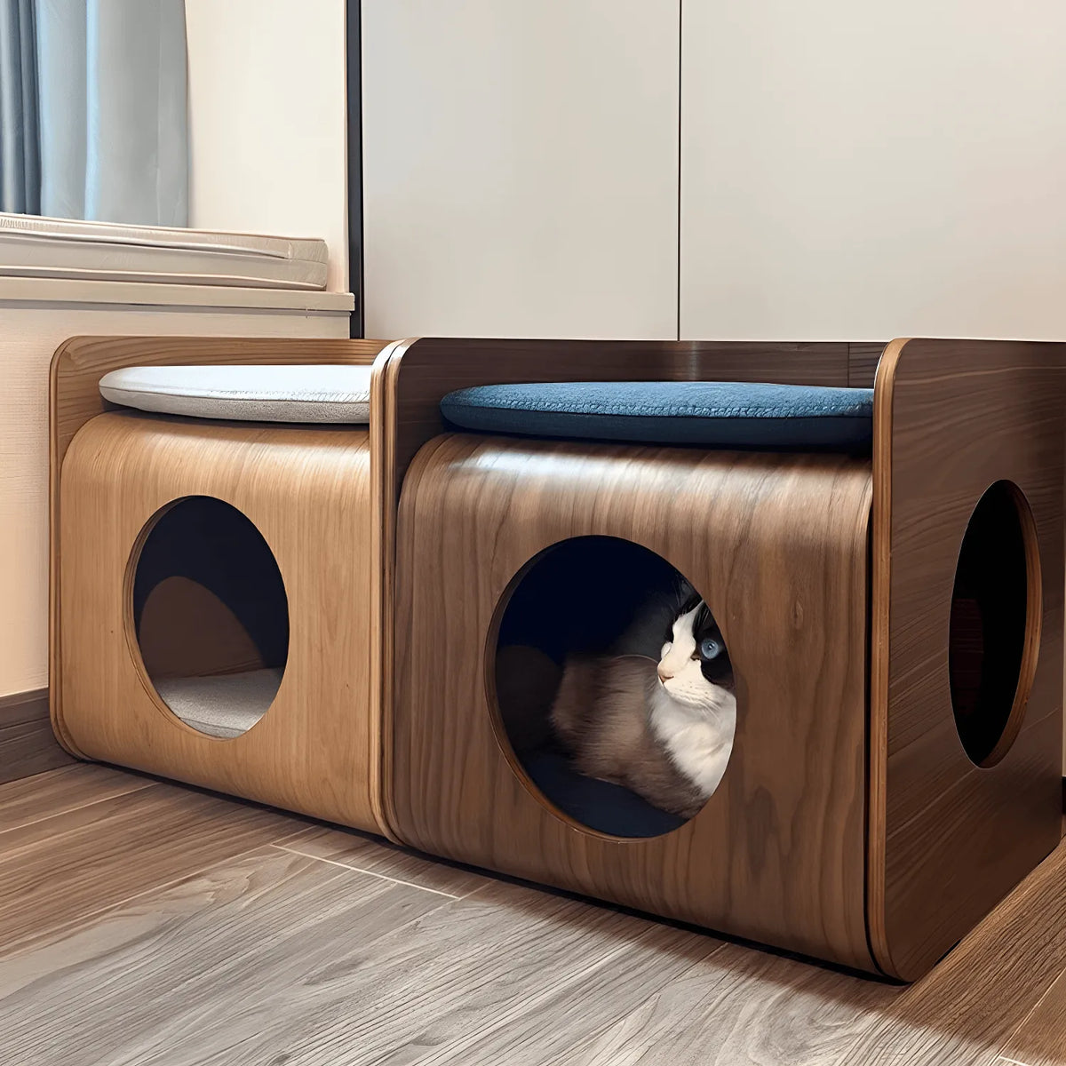 Sculptural Walnut Pet-Friendly Stool Side Table Nightstand With Rounded Tiers