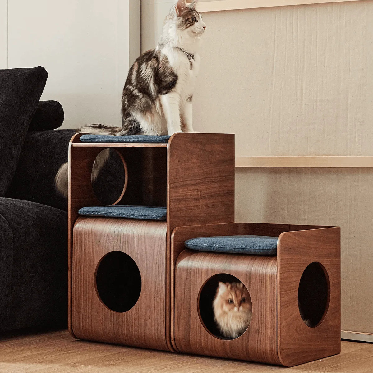 Sculptural Walnut Pet-Friendly Stool Side Table Nightstand With Rounded Tiers Main Product Image