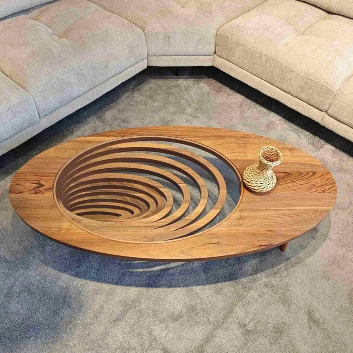 Sculptural Walnut Wood Coffee Table with Oval Glass Inlay and Wabi-Sabi Form サブ画像