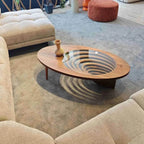 Sculptural Walnut Wood Coffee Table with Oval Glass Inlay and Wabi-Sabi Form