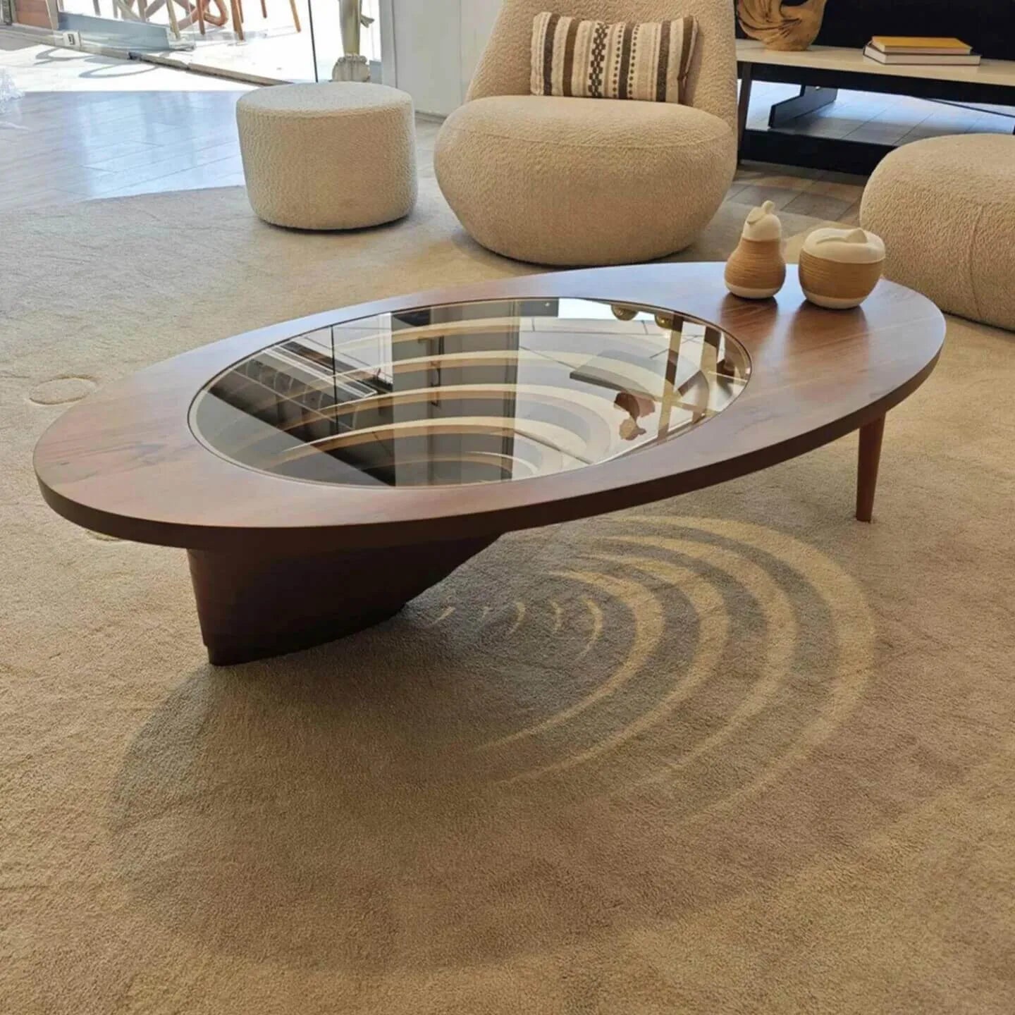Sculptural Walnut Wood Coffee Table with Oval Glass Inlay and Wabi-Sabi Form