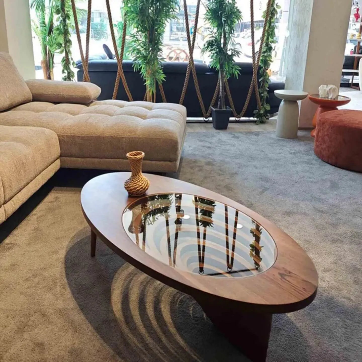Sculptural Walnut Wood Coffee Table with Oval Glass Inlay and Wabi-Sabi Form