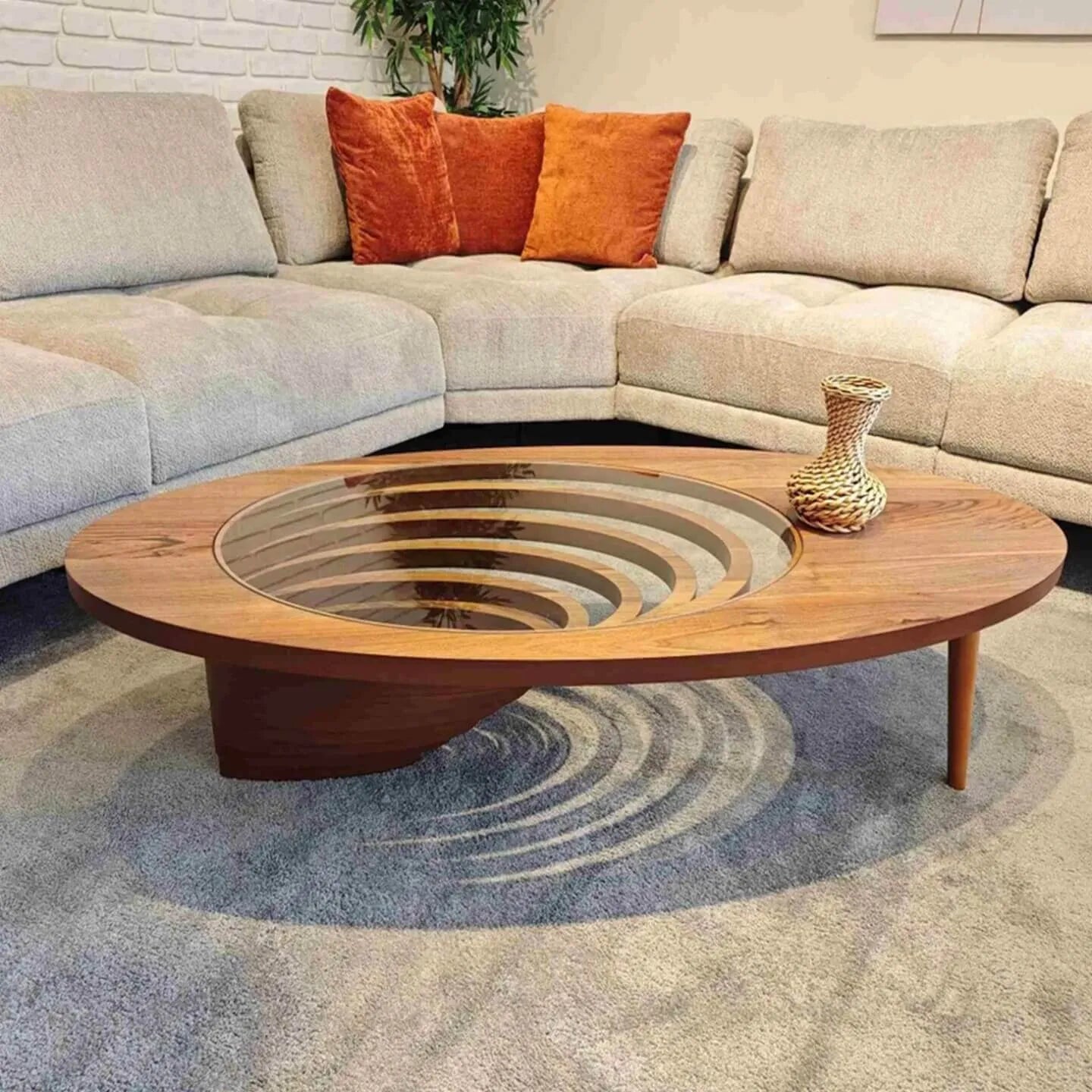 Sculptural Walnut Wood Coffee Table with Oval Glass Inlay and Wabi-Sabi Form Main Product Image メイン画像