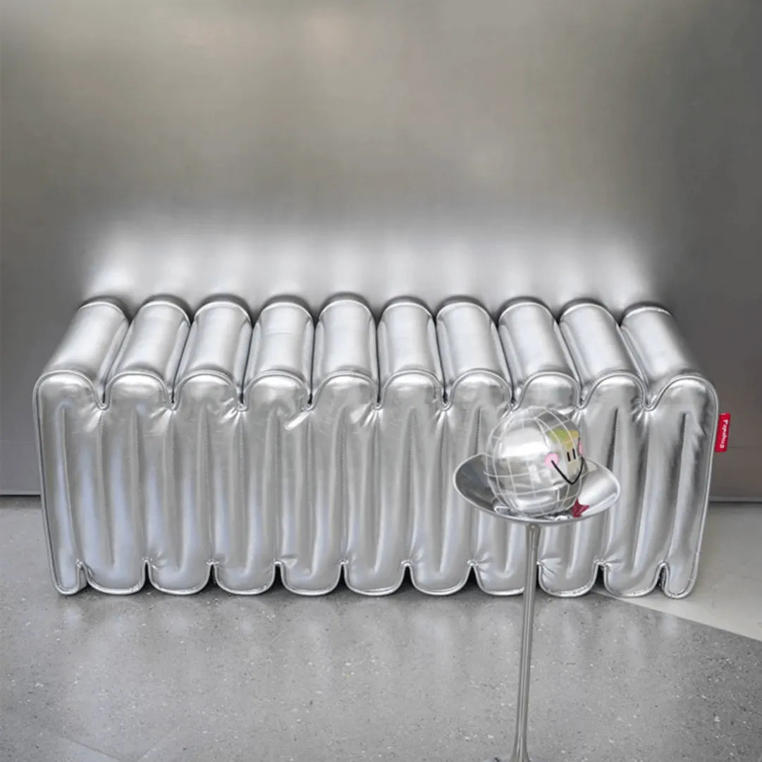 Sculptural Wave Bench in Metallic PU, Plush Multi-Use Accent Seating
