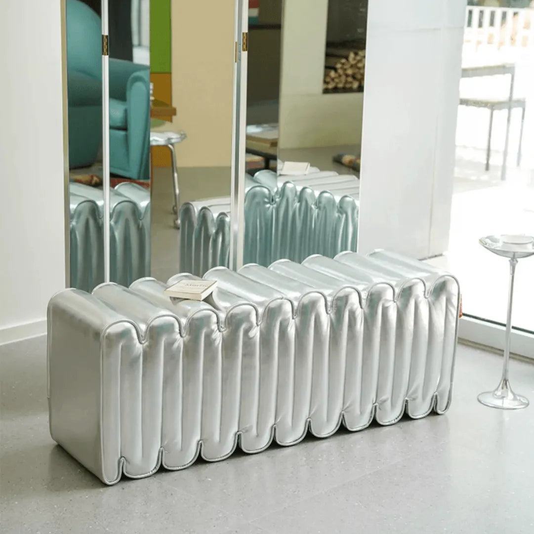 Sculptural Wave Bench in Metallic PU, Plush Multi-Use Accent Seating
