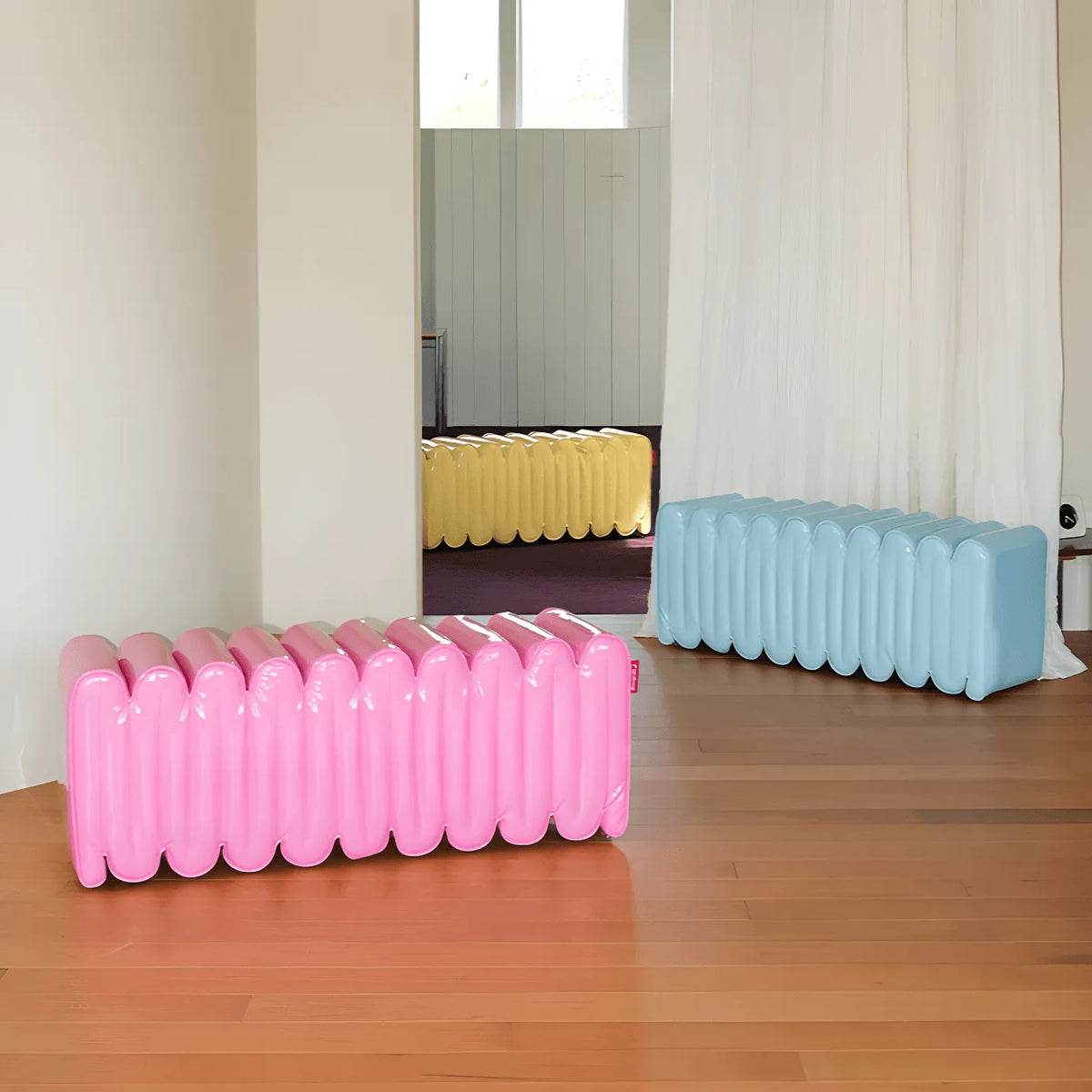 Sculptural Wave Bench in Soft PU Upholstery for Bedroom Dining