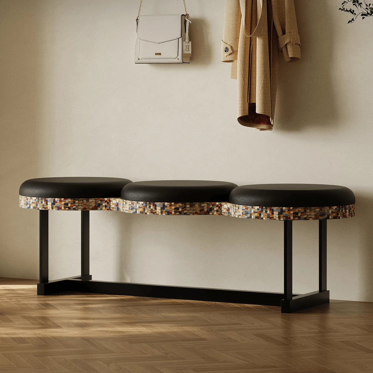 Sculptural Wave Bench with Leather Seats, Color-Block Veneer and Steel Base