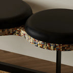 Sculptural Wave Bench with Leather Seats, Color-Block Veneer and Steel Base