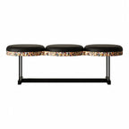Sculptural Wave Bench with Leather Seats, Color-Block Veneer and Steel Base