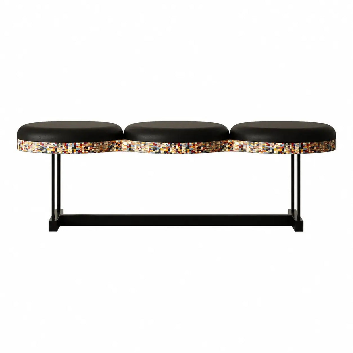 Sculptural Wave Bench with Leather Seats, Color-Block Veneer and Steel Base