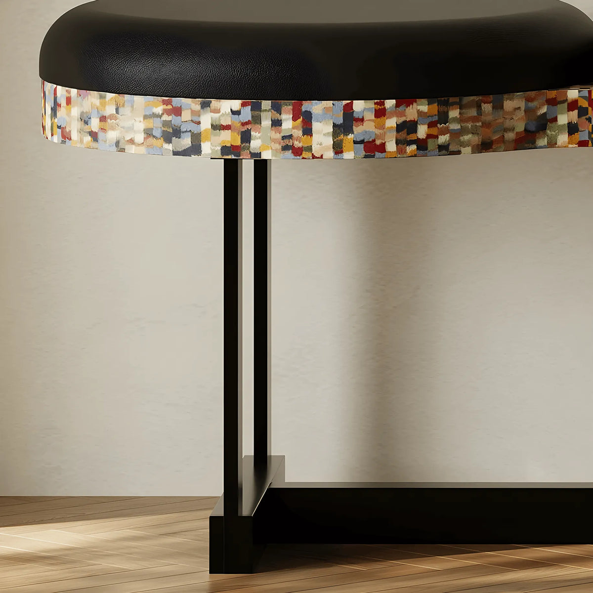 Sculptural Wave Bench with Leather Seats, Color-Block Veneer and Steel Base