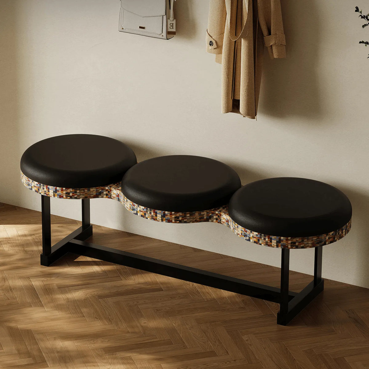 Sculptural Wave Bench with Leather Seats, Color-Block Veneer and Steel Base Main Product Image