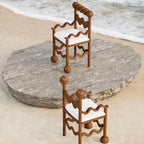 Sculptural Wavy Wood Chairs with Ball Detail and White Upholstered Seat