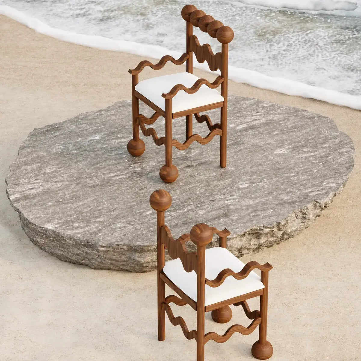 Sculptural Wavy Wood Chairs with Ball Detail and White Upholstered Seat