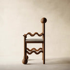 Sculptural Wavy Wood Chairs with Ball Detail and White Upholstered Seat