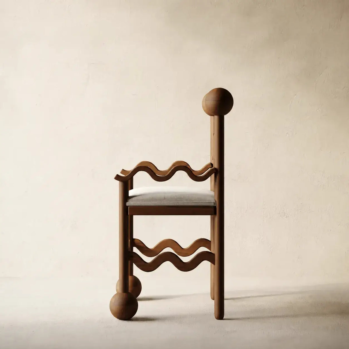 Sculptural Wavy Wood Chairs with Ball Detail and White Upholstered Seat