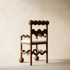 Sculptural Wavy Wood Chairs with Ball Detail and White Upholstered Seat