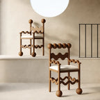 Sculptural Wavy Wood Chairs with Ball Detail and White Upholstered Seat Main Product Image