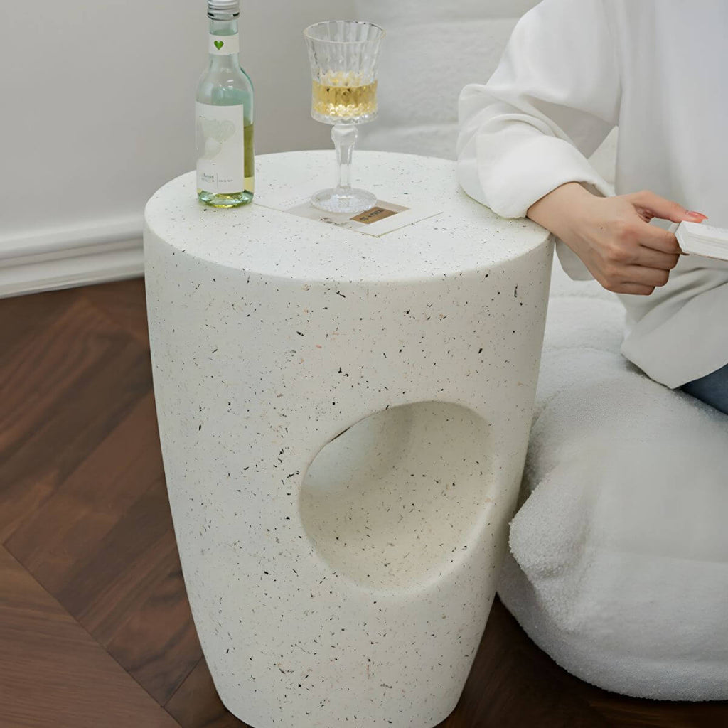 Sculptural White Concrete Side Table Set with Geometric Cutouts and Rounded Silhouette Main Product Image