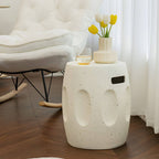 Sculptural White Concrete Side Table Set with Geometric Cutouts and Rounded Silhouette