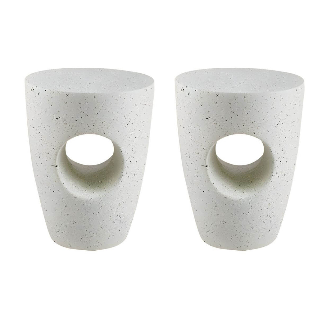 Sculptural White Concrete Side Table Set with Geometric Cutouts and Rounded Silhouette