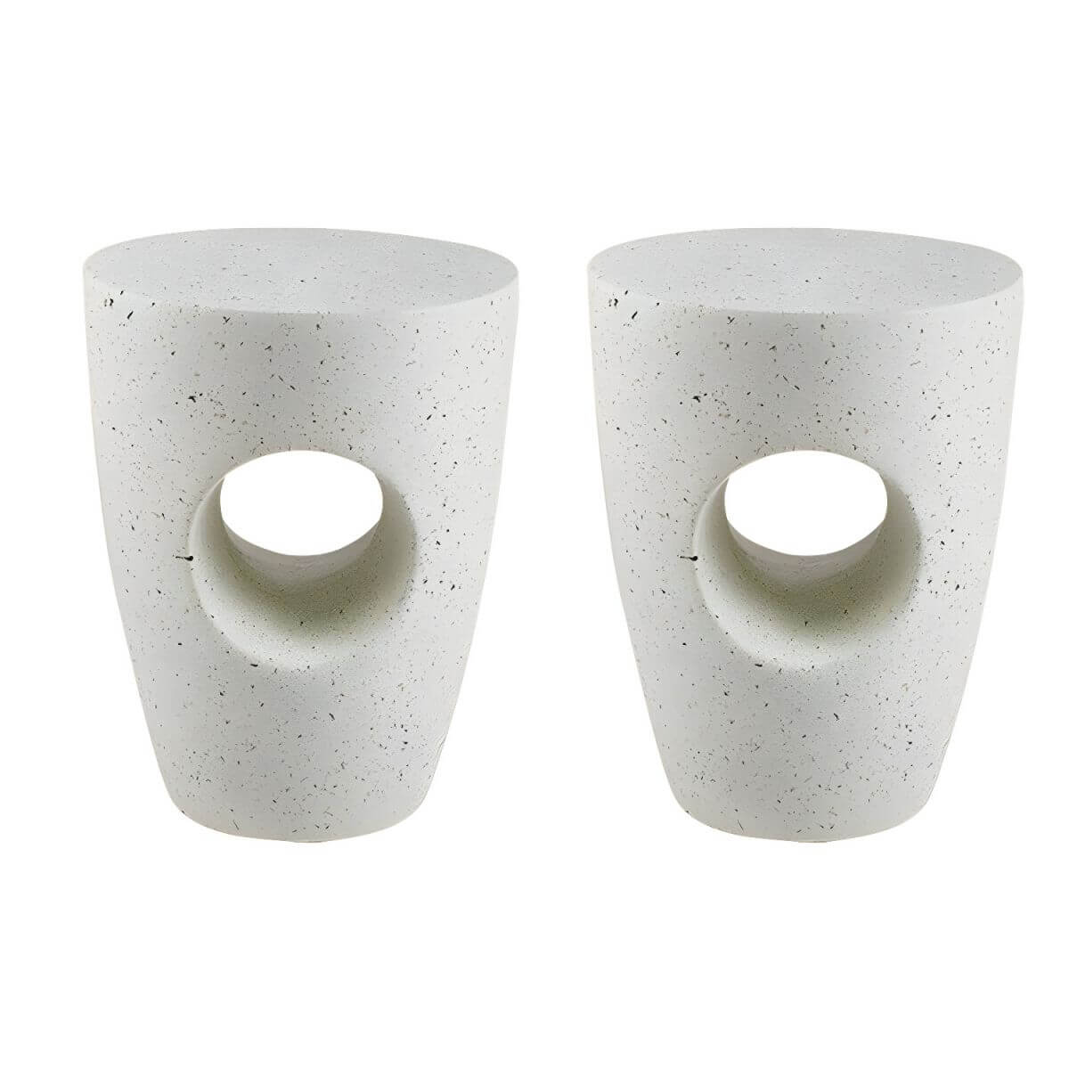 Sculptural White Concrete Side Table Set with Geometric Cutouts and Rounded Silhouette