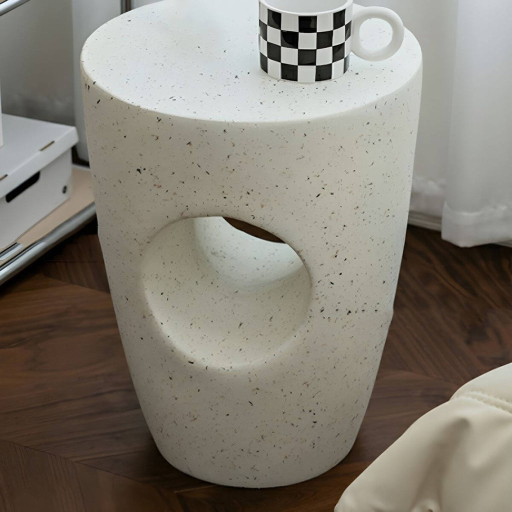 Sculptural White Concrete Side Table Set with Geometric Cutouts and Rounded Silhouette