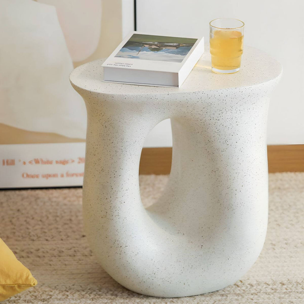 Sculptural White Concrete Side Table with Organic Curves and Elliptical Cutout