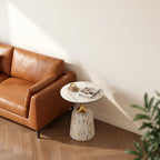 Sculptural White-Gold Sintered Stone Side Table with Textured Pedestal Base