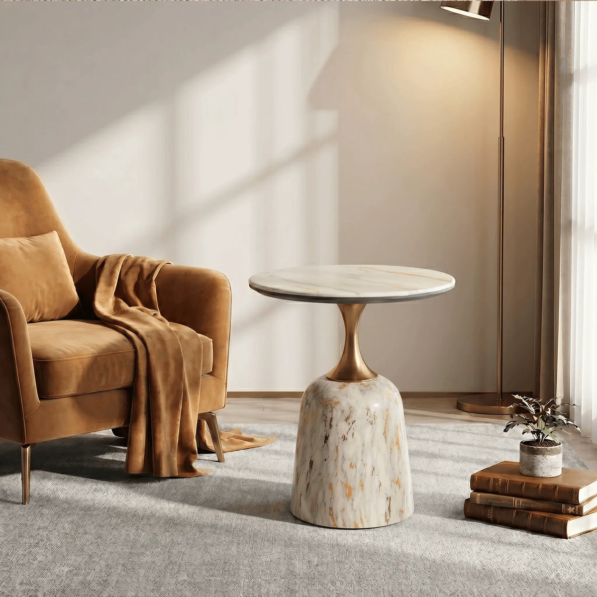 Sculptural White-Gold Sintered Stone Side Table with Textured Pedestal Base Main Product Image